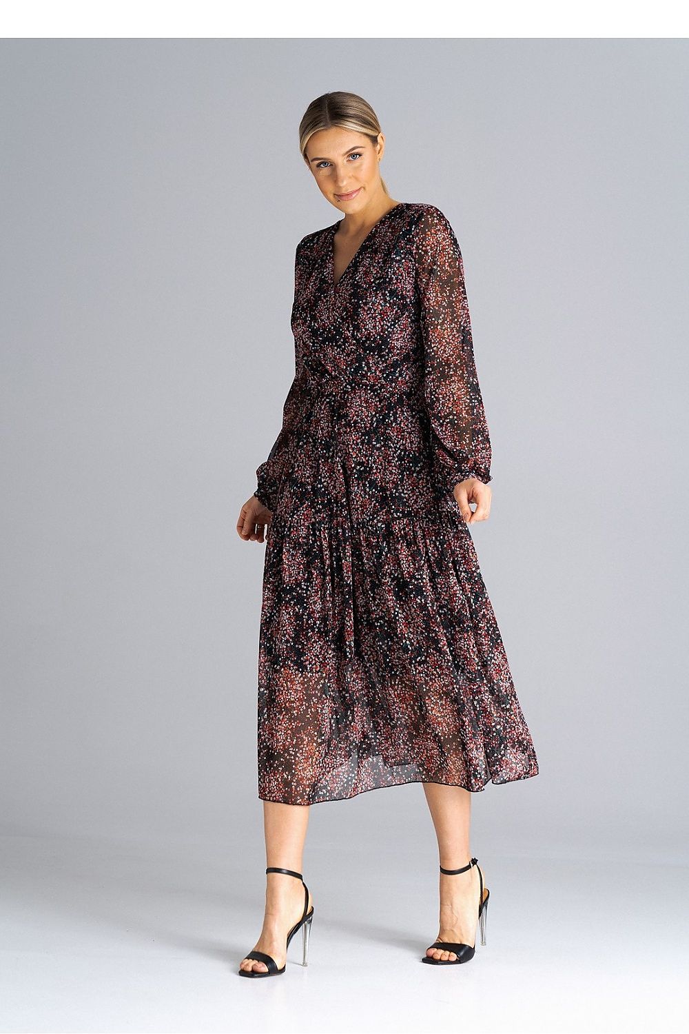 Luxury midi dress by Figl featuring a flared cut and long sleeves, elegantly pleated at the waist, a perfect addition to your sophisticated wardrobe.