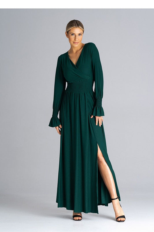 Elegant Figl maxi dress featuring stylish buffet sleeves, an overlapped neckline, and a sophisticated slit detail, perfect for formal events.