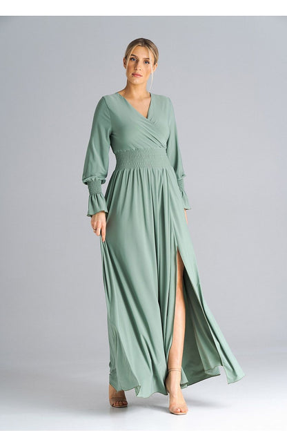 Figl Elegant Maxi Dress featuring luxurious buffet sleeves and a sophisticated overlapped neckline, perfect for formal events.