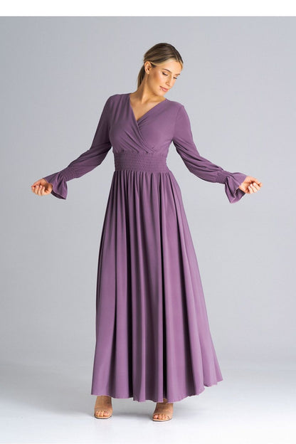 Figl Elegant Maxi Dress featuring buffet sleeves, an overlapped neckline, and a chic slit detail for a luxurious evening style.