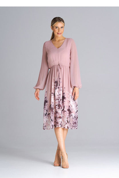 Elegant flared daydress by Figl with long sleeves, pleated waist, and cheeky neckline, perfect for everyday chic style.
