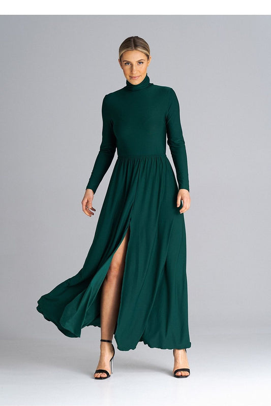 Elegant Figl maxi dress with turtleneck, showcasing a fitted bodice and flared hem design, perfect for sophisticated occasions.