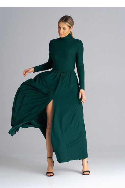 Full view of Figl's elegant maxi dress with turtleneck, designed to enhance elegance with its flowing flared skirt.