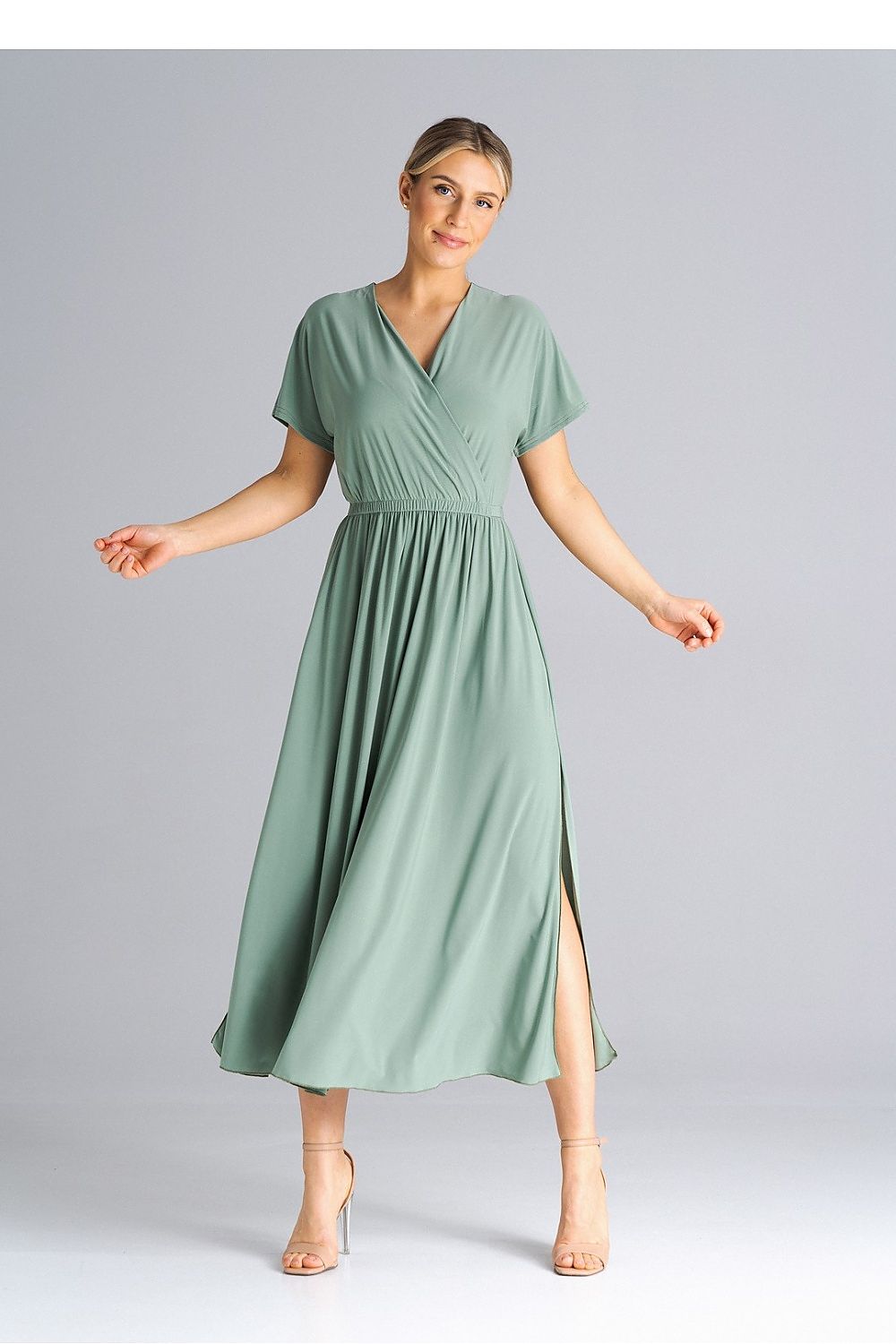 Figl Elegant Daydress featuring an overlapping neckline and short drooping sleeves, crinkled waist detail, perfect for a sophisticated look.