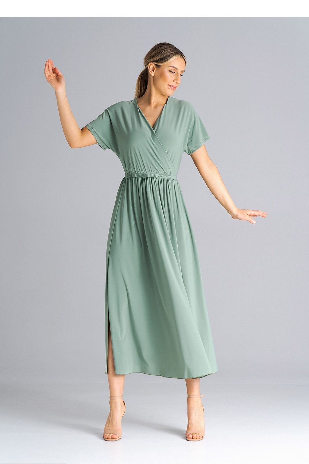 Full view of Figl Elegant Daydress elegantly draped, demonstrating its high-quality fabric and luxurious design suitable for daytime elegance.