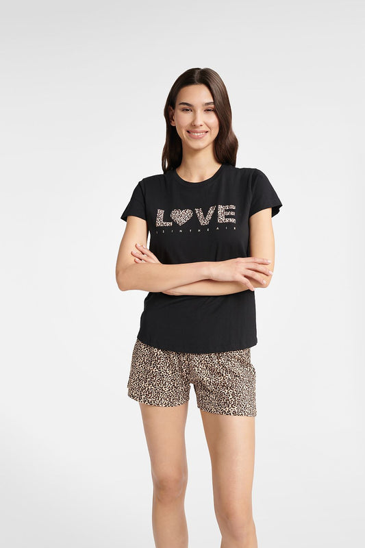 Henderson Women's Luxury 100% Cotton Two-Piece Pyjama Set featuring elegant black and caramel animal print, perfect for a chic yet comfortable summer night.