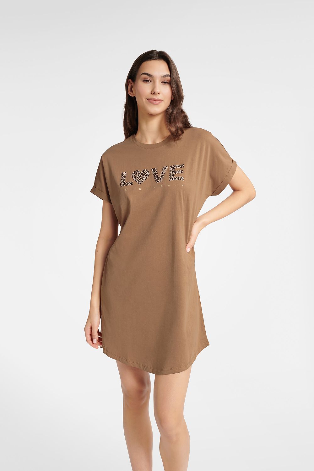 Luxury Cotton Women's Caramel Nightshirt by Henderson featuring a chic animal print and charming heart motif, designed for elegant sleepwear.