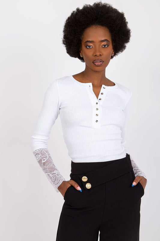 Elegant ribbed blouse with lace detail by Rue Paris, showcasing a sophisticated design suitable for casual to chic styles, perfect for daily wear or special outings.