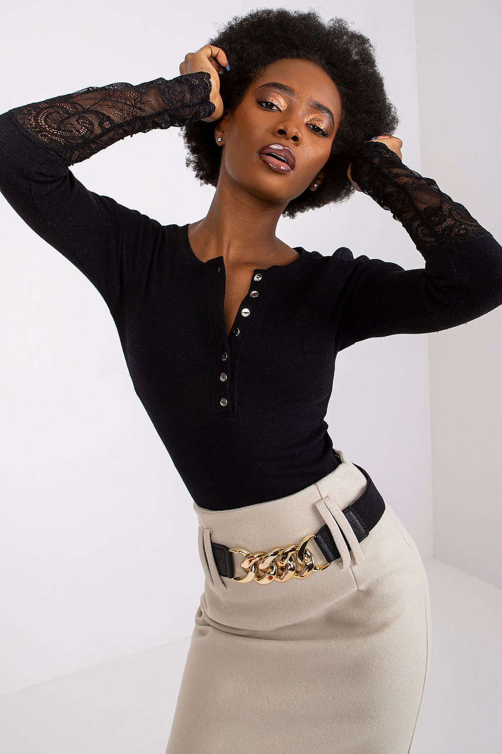 Stylish lace detailed ribbed blouse by Rue Paris, perfect for elevating your casual and work outfits.