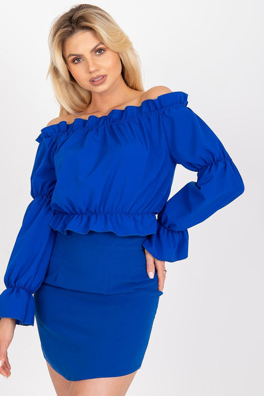 Elegant Shimmering Off-Shoulder Blouse by Rue Paris featuring open shoulders and soft material, ideal for adding charm to any outfit.