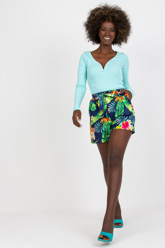 Elegant navy blue casual printed shorts by Rue Paris featuring a chic elastic waistband and decorative pockets, perfect for a stylish summer outfit.