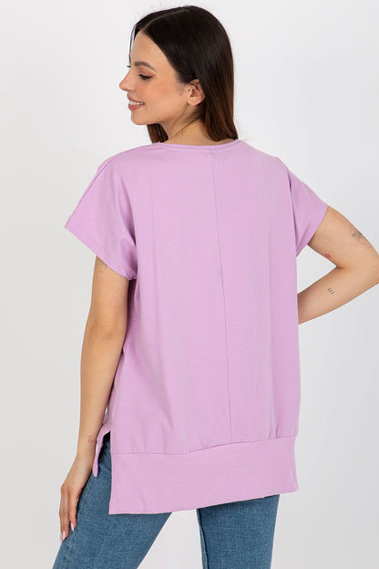 Luxury loose fit women's blouse by Relevance, featuring short sleeves and a decorative patch, crafted from a premium cotton and spandex blend.