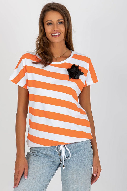 Elegant short sleeve women's blouse with colorful stripes and a floral brooch by Relevance, crafted from a soft cotton blend.