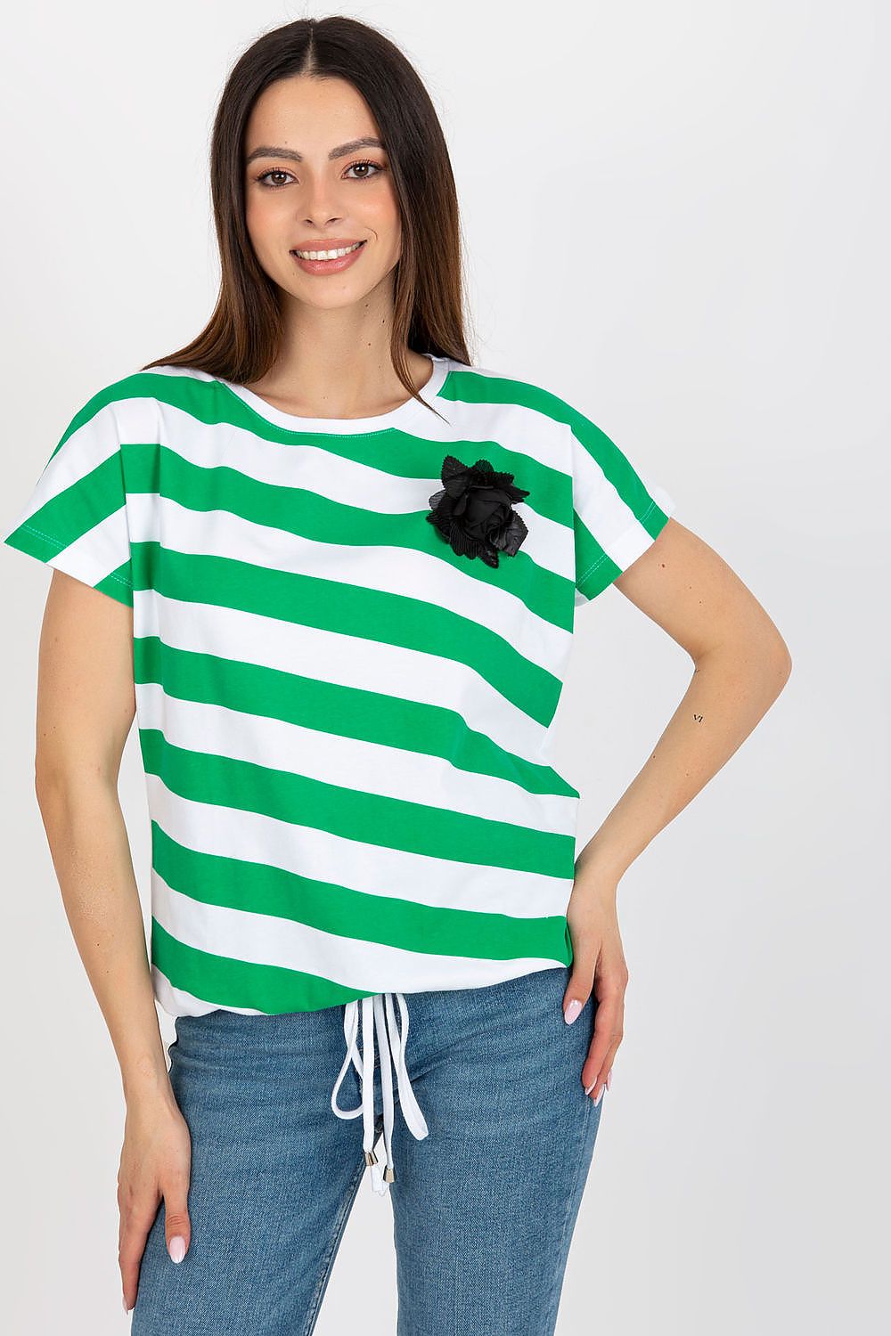 Elegant women's short sleeve cotton blend blouse adorned with a flower brooch and vibrant stripes from Relevance.
