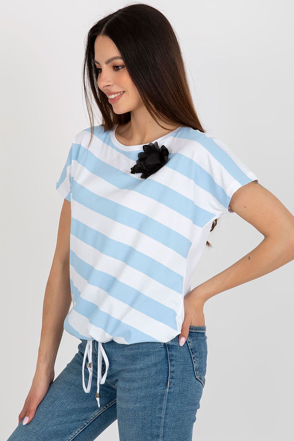 Luxurious short-sleeved women's blouse in bold stripes and flower detail from Relevance for an elegant look.