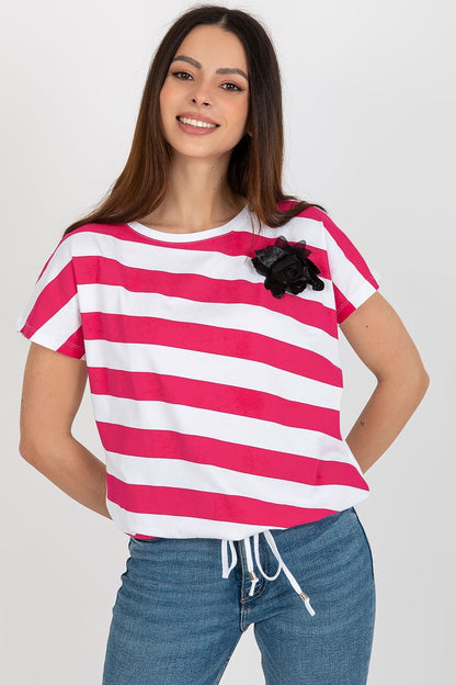 Chic women's cotton blend blouse with short sleeves and exquisite flower brooch, designed by Relevance.