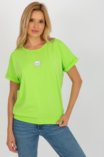 Elegant Women's short sleeve blouse in cotton blend featuring a decorative patch, crafted by Relevance for comfort and style.