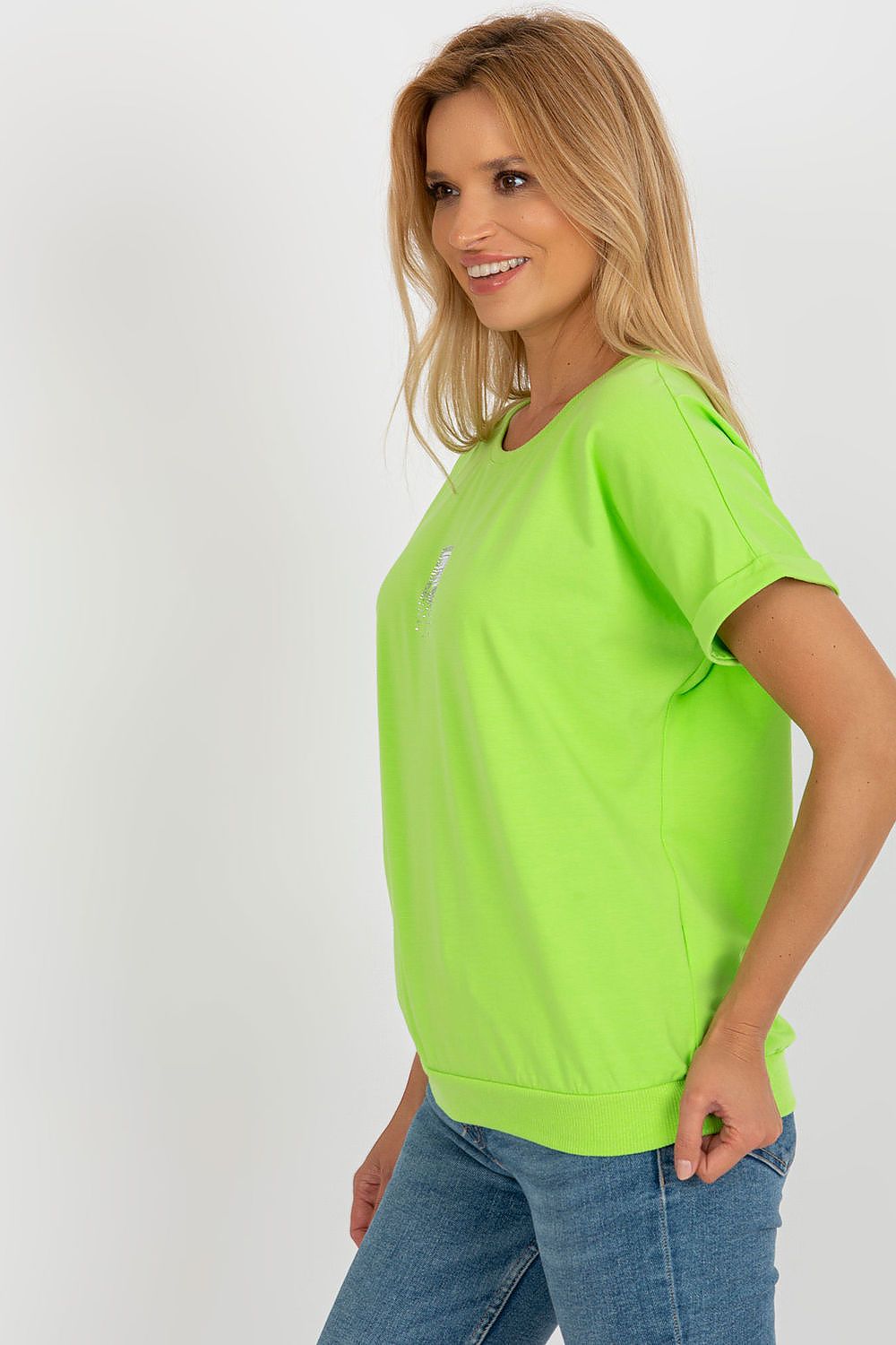 Model wearing an elegant women's short sleeve cotton blend blouse by Relevance, perfect for sophisticated casual looks.