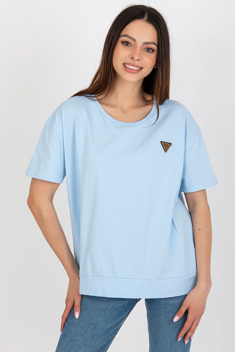 Elegant women's short sleeve blouse by Relevance featuring a decorative patch, crafted from 90% cotton and 10% spandex.