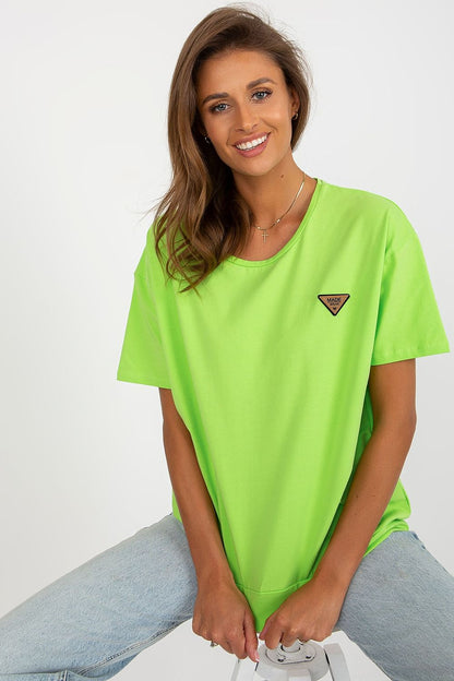 Elegant Women's Short Sleeve Blouse by Relevance featuring a decorative patch, crafted from 90% cotton and 10% spandex for a luxurious fit.