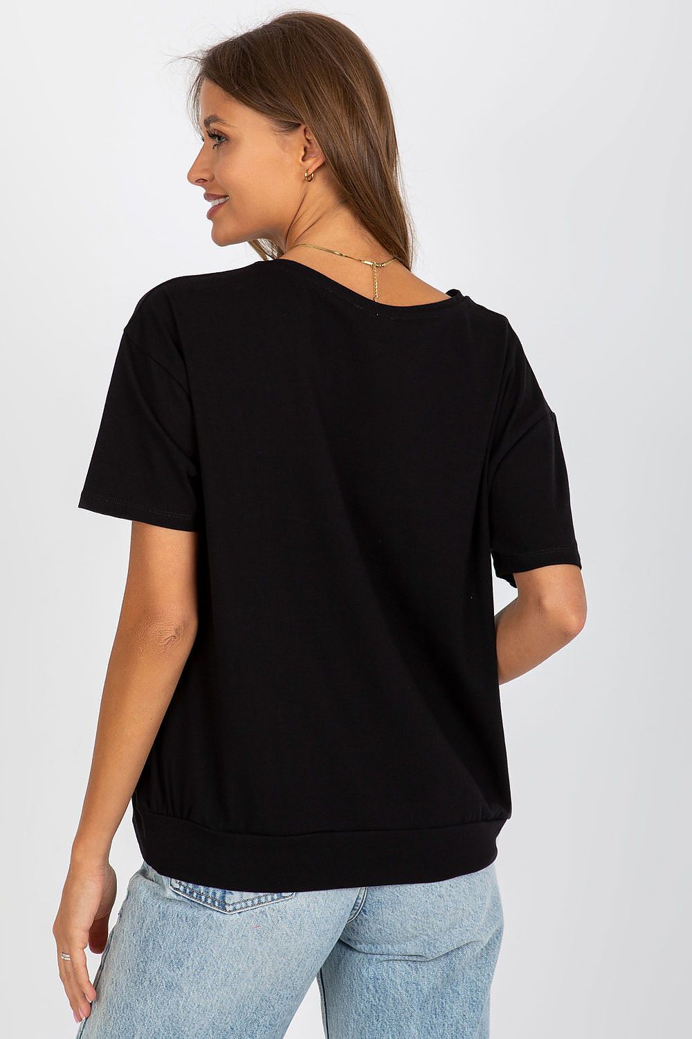 Elegant short sleeve women's blouse featuring a decorative patch, crafted by Relevance, made from 90% cotton and 10% spandex.