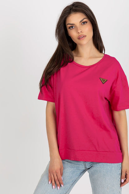 Fashionable women's blouse featuring decorative patch and short sleeves, expertly crafted by Relevance for a sophisticated look.