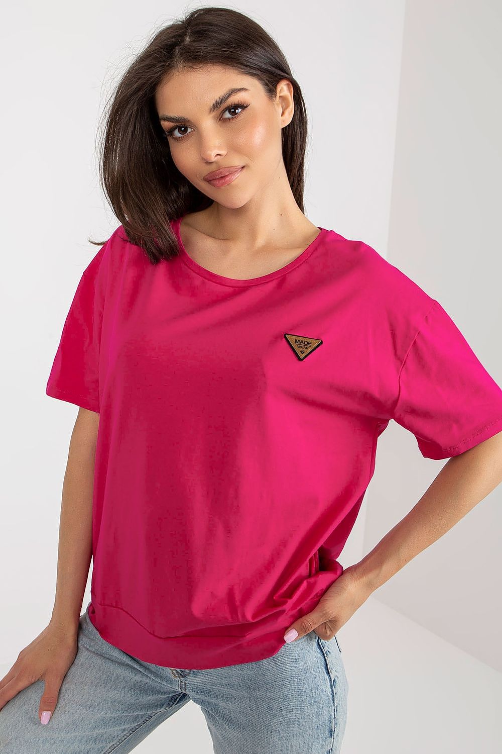 Elegant Women's short sleeve blouse by Relevance featuring decorative patch, made from 90% cotton and 10% spandex for luxurious comfort.