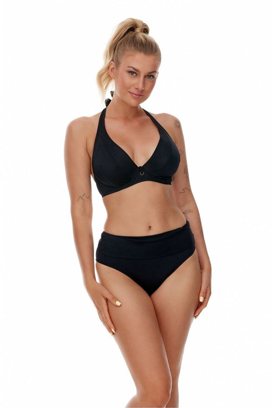 Luxury black high-waisted swimming panties by Lupo Line featuring a crinkled back, designed to flatter and conceal imperfections, suitable for EU sizes 36-44.