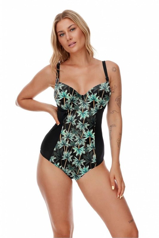 Elegant one-piece swimsuit with adjustable straps featuring a vibrant palm tree motif by Lupo Line, perfect for a luxurious beach experience.