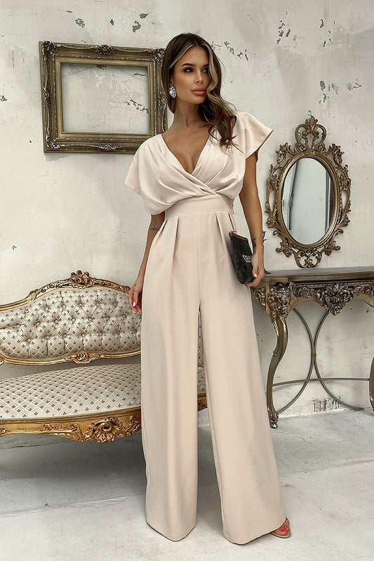 Bicotone women's elegant wide-leg jumpsuit featuring flared sleeves and a stylish cut-off waist, showcasing a luxurious design ideal for special occasions.