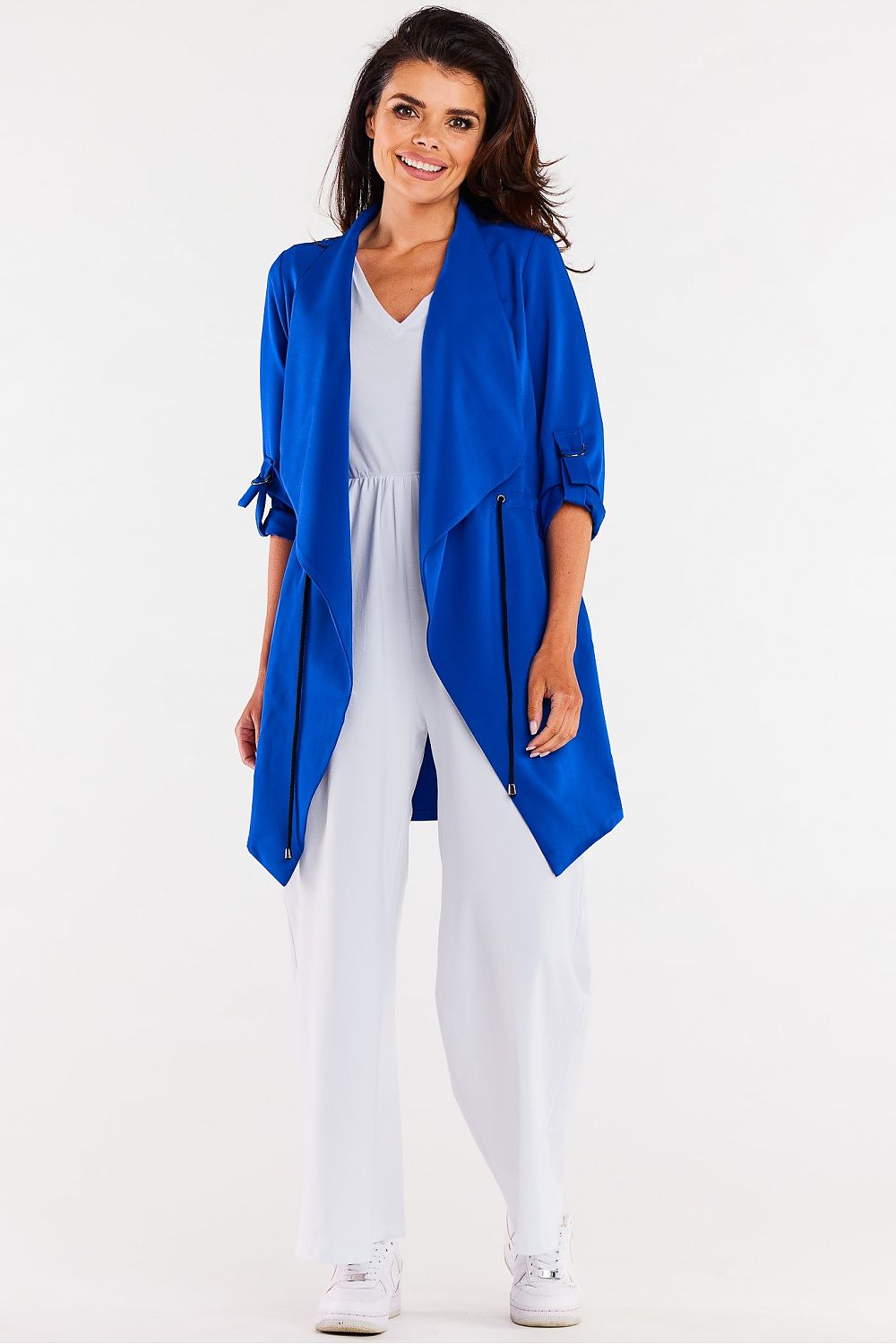 Luxurious Awama loose frock coat designed in Poland, featuring stylish long sleeves with decorative appliques, made from high-quality polyester blend.