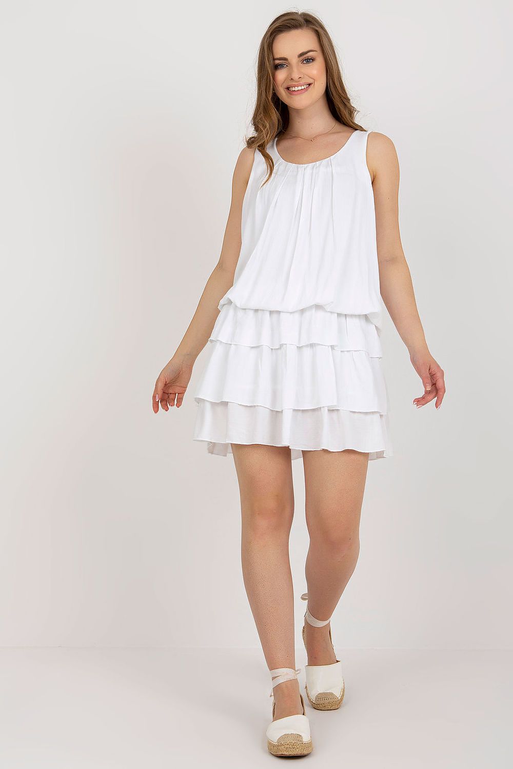Elegant sleeveless viscose summer dress by Och Bella featuring ruffles and an elastic waistband, perfect for warm weather styling.