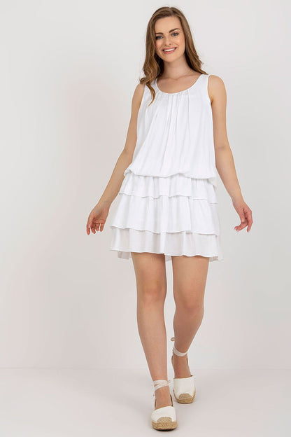 Elegant sleeveless viscose summer dress by Och Bella featuring ruffles and an elastic waistband, perfect for warm weather styling.