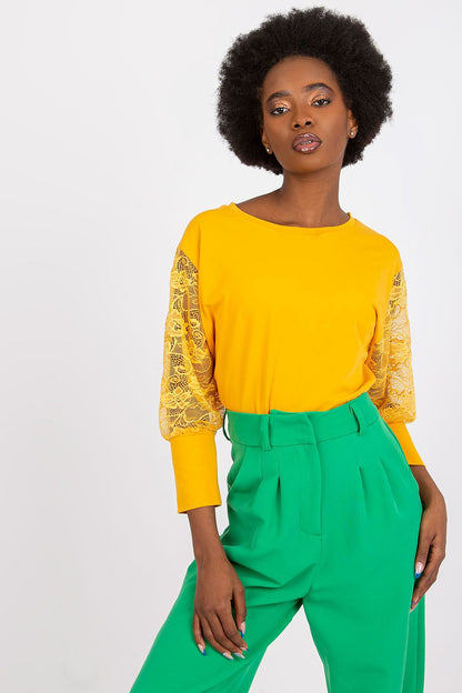 Elegant Rue Paris blouse in cotton-spandex blend featuring 3/4 lace sleeves and a sophisticated round neckline, perfect for luxurious casual outfits.