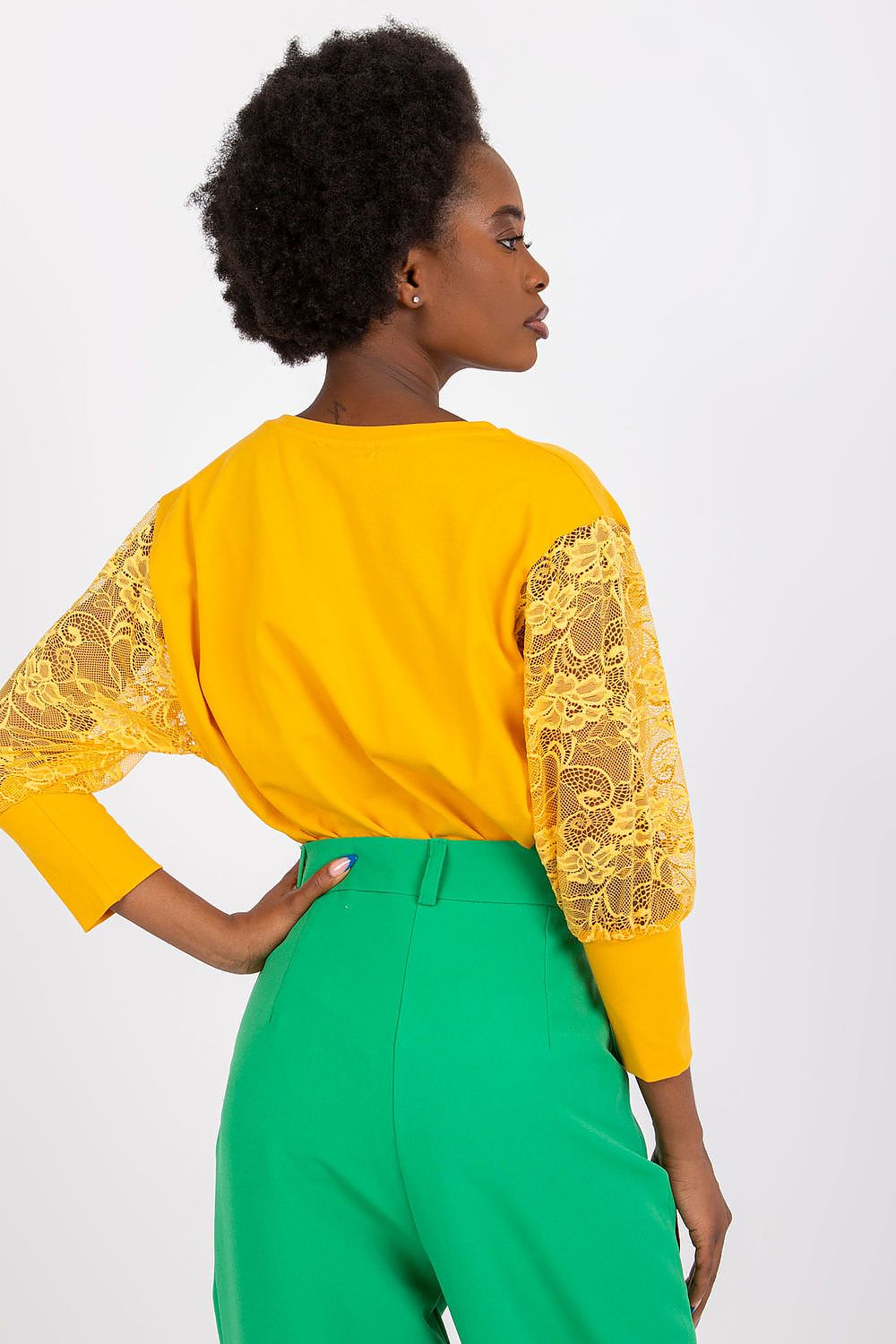 Elegant Rue Paris blouse featuring 3/4 lace sleeves and a round neckline in a luxurious cotton-spandex blend.
