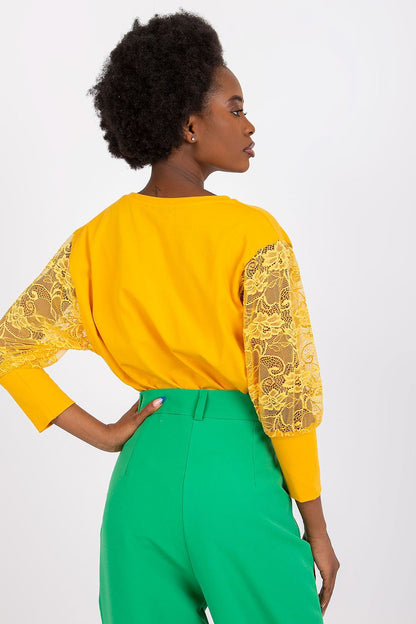 Elegant Rue Paris blouse featuring 3/4 lace sleeves and a round neckline in a luxurious cotton-spandex blend.