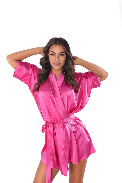 Luxury satin short bathrobe by Anais featuring a comfortable loose fit and stylish waist tie, perfect for elegant relaxation.