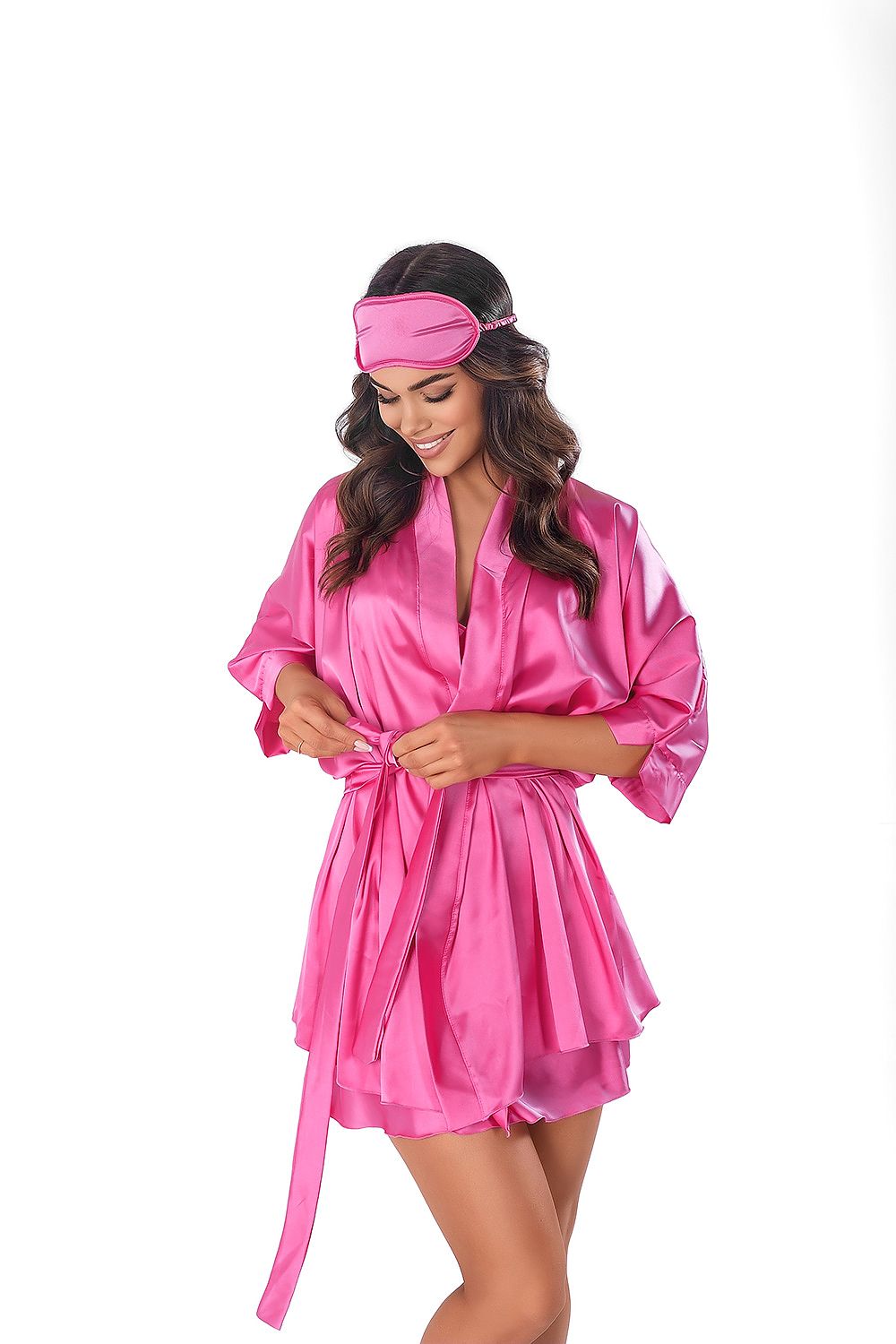 Close-up of Anais luxury satin short bathrobe showcasing its exquisite fabric and sophisticated design, ideal for sizes XS to 3XL.