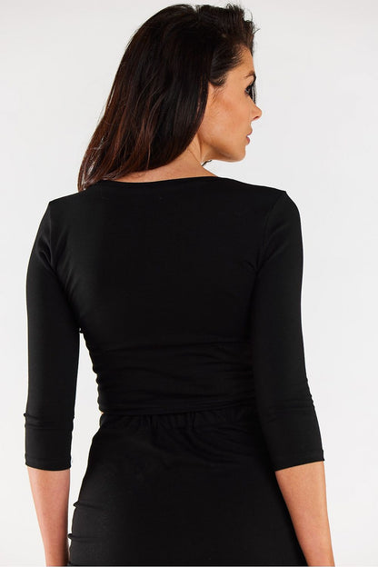 Luxurious 3/4 Sleeve V-Neck Crop Blouse, crafted by Infinite You in Poland, featuring drawstring details for a customizable fit.