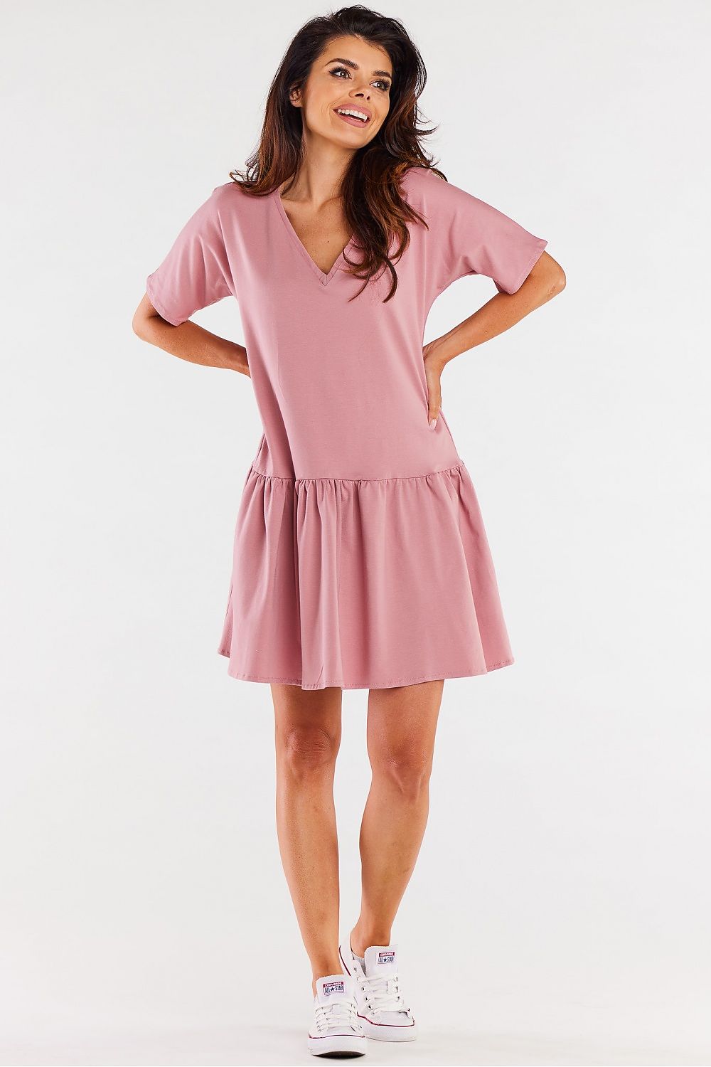 Elegant Infinite You Cotton Ruffle Daydress in soft pastel colours, showcasing its loose fit and short sleeves, perfect for warm days.