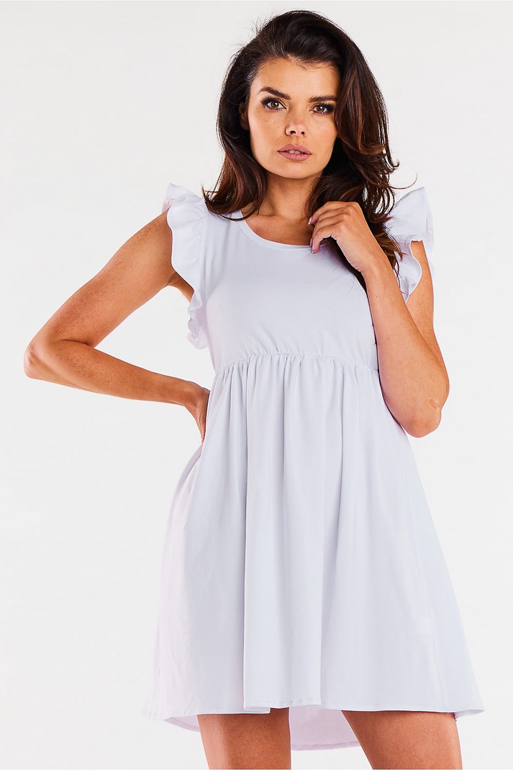 Luxury mini length summer dress with frill shoulders, created by Infinite You, made from 98% cotton for ultimate comfort.