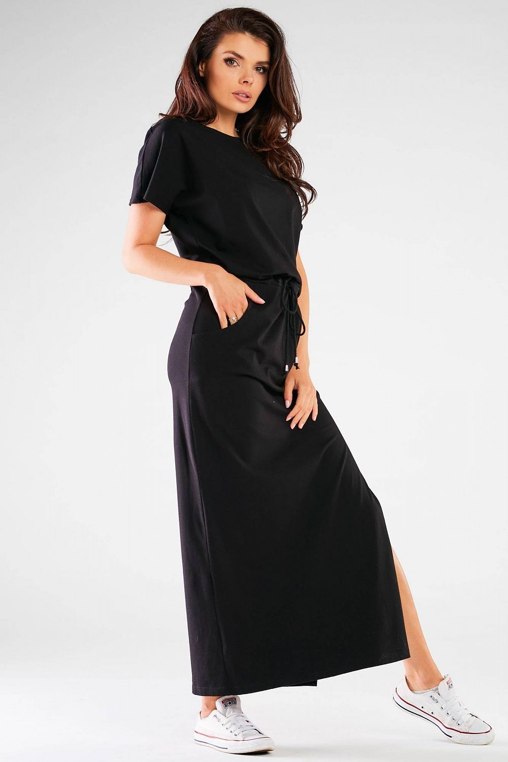 Draped display of Infinite You's elegant long summer dress, capturing its flowy silhouette ideal for warm weather occasions.