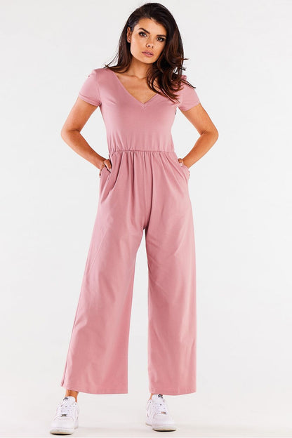 Elegant wide-legged jumpsuit by Infinite You featuring a soft knit fabric and a heart neckline, perfect for upscale occasions.