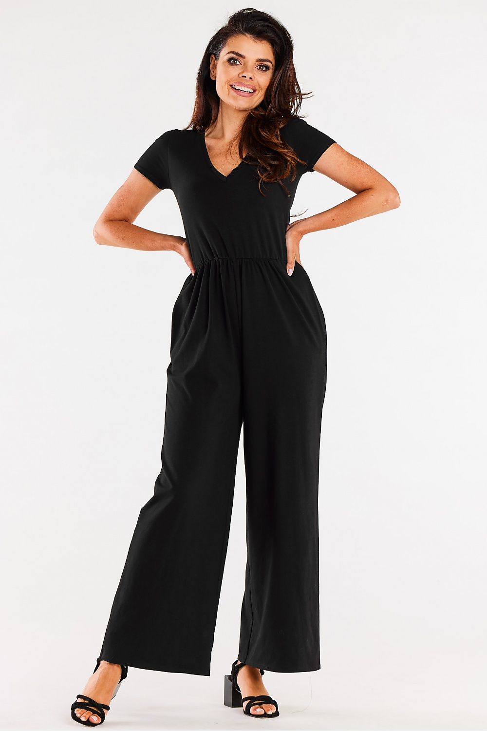 Elegant wide-legged jumpsuit with heart neckline designed by Infinite You, crafted from soft knit fabric, perfect for luxurious comfort.