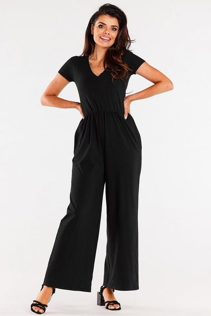 Elegant wide-legged jumpsuit with heart neckline designed by Infinite You, crafted from soft knit fabric, perfect for luxurious comfort.