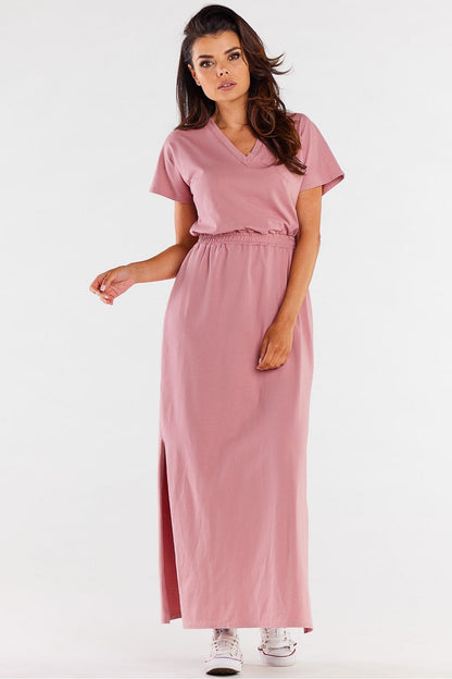 Elegant Cotton Lycra Maxi Dress with Heart Neckline and Short Sleeves, crafted by Infinite You, showcasing luxurious fabric and flattering silhouette.