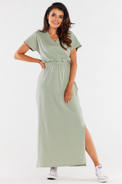 Elegant Cotton Lycra maxi dress featuring a heart neckline and short sleeves, designed by Infinite You in Poland, perfect for sophisticated summer occasions.