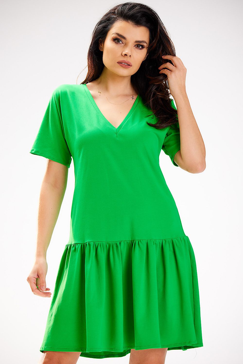 Elegant Infinite You Cotton Ruffle Daydress featuring a loose fit with short sleeves, perfect for warm days, showcasing a stylish ruffle design suitable for any occasion.