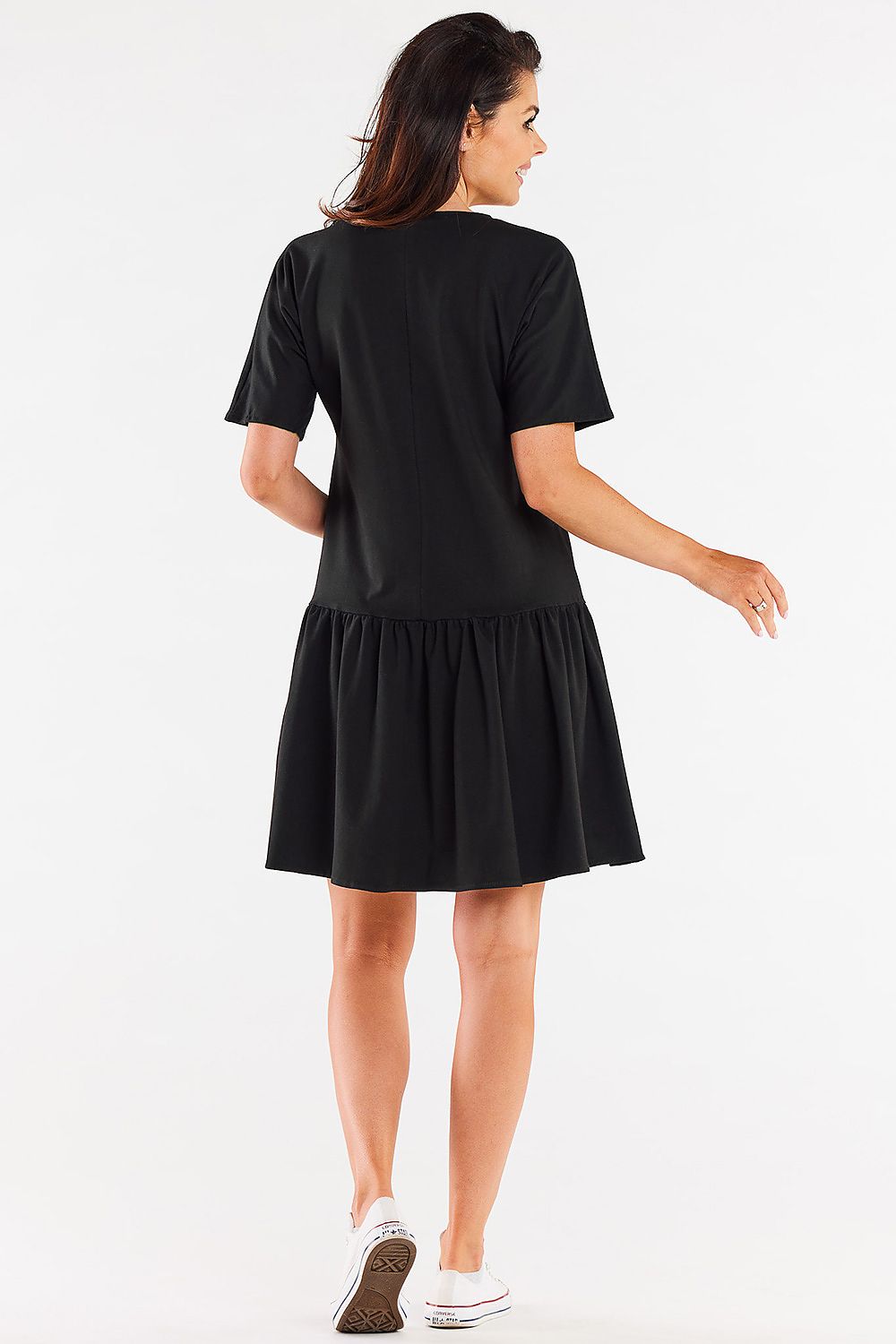 Elegant Infinite You Cotton Ruffle Daydress featuring a loose fit with short sleeves, perfect for warm days, showcasing a ruffled hem and vibrant colours that complement diverse skin tones.