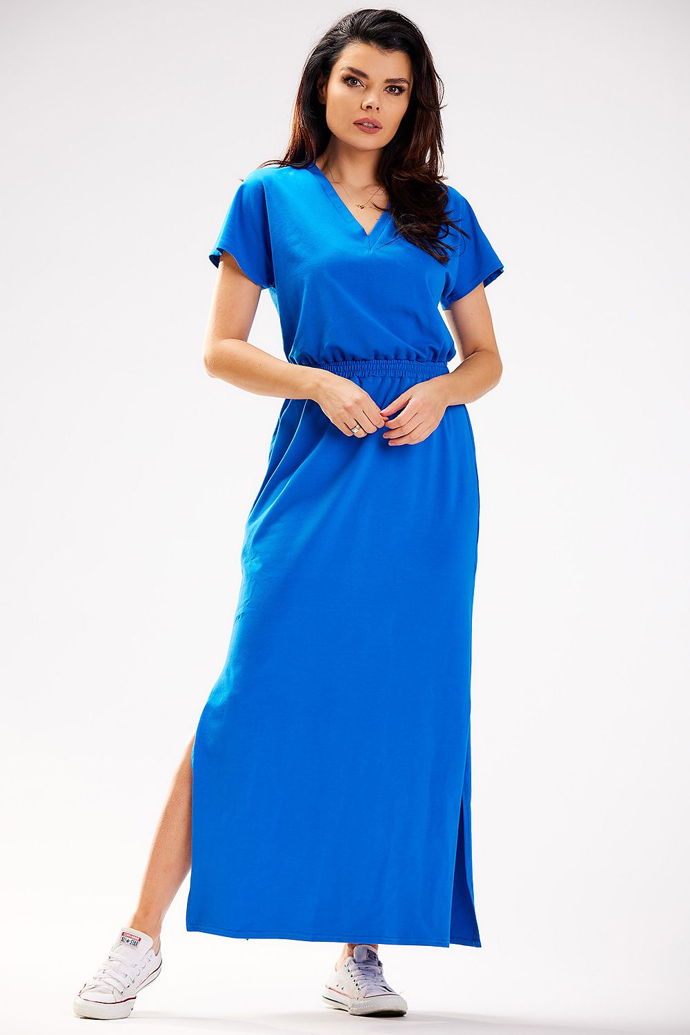 Full view of the Elegant Cotton Lycra maxi dress with a flattering silhouette, designed by Infinite You in Poland, ideal for elegant summer outings.